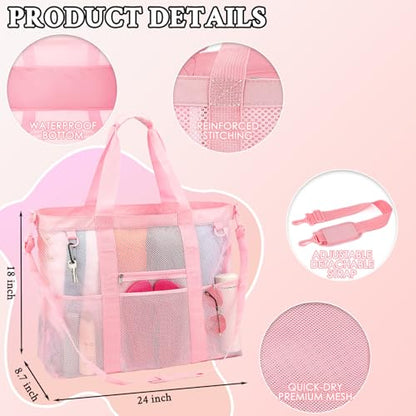 GYEUKHAM Mesh Beach Bag for Women, Sand-Resistant Pool Tote, 9 Pockets (1 Inner Zip), Foldable Family Travel Essentials - color: Extra Large - Pink