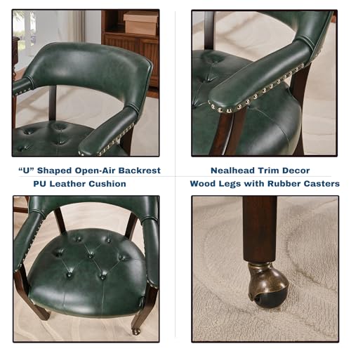 Set of 4 Dining Leather Chairs with Casters and Arms, Accent Kitchen Table Chairs with Wheels, Wood Captains Rolling Roller Poker Table Chair, Espresso&Green 1910GN(NO Table!) - color: Espresso&green