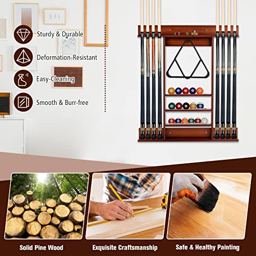 LDAILY Pool Cue Rack Only, Wooden Pool Cue Holder, Holds 8 Cues, 16 Billiard Balls & Ball Rack, Pool Stick Holder Wall Mount for Billiard Room, Club & Man Cave, 31" L x 3" W x 36" H (Coffee)