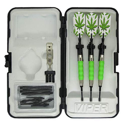 sure grip Viper Green Soft Tip Darts with Dart Case & Accessories Choice of Flights 16 or 18 Grams (Pot Leaves Slim, 18g)