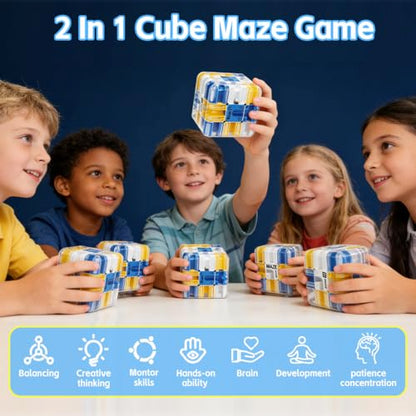 3D Rolling Ball Maze Cube, Large Labyrinth 3D Puzzle Marble Maze Cube, Brain Teaser Game, Educational Learning Sensory Toys Gift for 3+ Age Kids Adults, Logical Thinking, Family Board Games Blue 2.7"