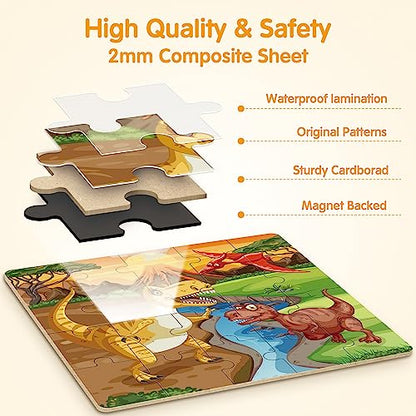 SYNARRY Magnetic Dinosaur Puzzles for Kids Ages 3-5, 20 Pieces Puzzles for Toddlers 4-6, Easter Basket Stuffers Gifts for Kids, Car Airplane Road Trip Activities Magnet Games Toy for Boys Girls - style: Dinosaur