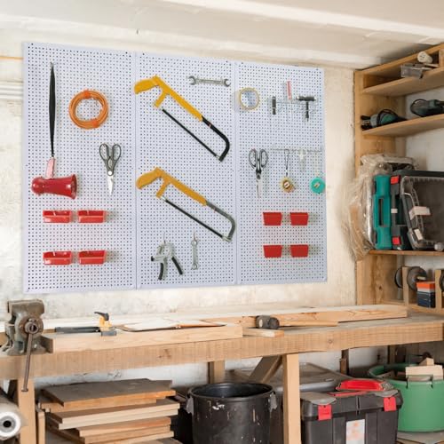 Pegboard Rack Garage Storage Steel Horizontal PegBoard Pack,Steel Pegboard Heavy Duty- 3 Pack 16-Inch X 36-Inch Metal Peg Board Tool Organization Panels (White) - color: White