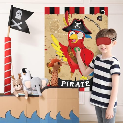 WERNNSAI Pin the Eyepatch on the Pirate - Pirate Birthday Party Supplies for Kids Boys Halloween Treasure Hunt Party Game 28" x 21" Parrot Poster with 24 Stickers and Blindfold - style: Pirate
