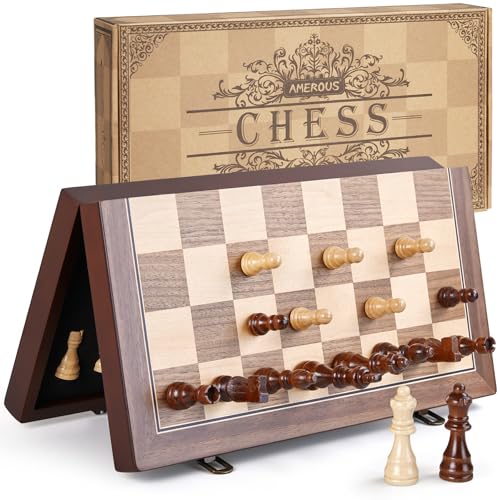 AMEROUS 15'' Magnetic Wooden Chess Set for Adults Kids - with Folding Board, Gift Package, Pieces Storage Slots, Handmade Pieces,Chess Board Game Set for Tournament Professional Beginner - size: 15 inches