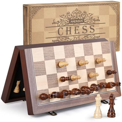 AMEROUS 15'' Magnetic Wooden Chess Set for Adults Kids - with Folding Board, Gift Package, Pieces Storage Slots, Handmade Pieces,Chess Board Game Set for Tournament Professional Beginner - size: 15 inches