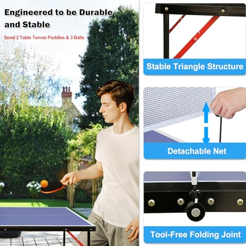 Table Tennis Table Mid-Size, Foldable Ping Pong Table Top Full Size with 2 Paddles, 2 Balls, 1 Net & 4 Wheels, Folding Table Tennis for Indoor & Outdoor, Quick Assembly to Support Multiplayer - size: 4.5ft