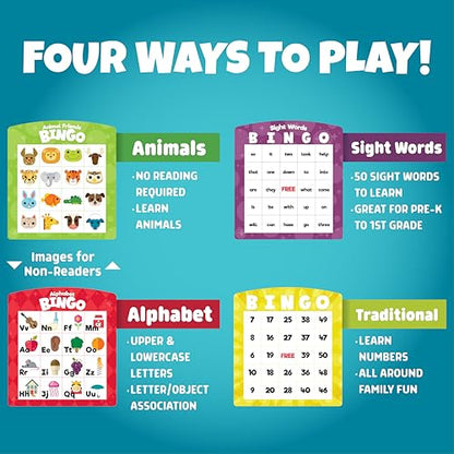 Chuckle & Roar Family Bingo – Educational Bingo Game for Kids Ages 3–6+ | Four Games in One: Animals, Alphabet, Sight Words & Numbers | 1–6 Players