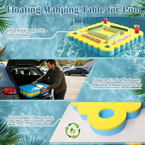 36" Foldable Floating Mahjong Table for Pool, 3-in-1 Foam Board Mat for Card Games, Scrabble, Dominoes, Waterproof Pool Mahjong Float Desk for Adults Summer Swimming Pool Party Tray