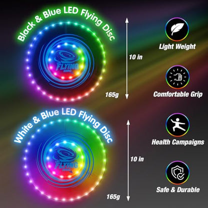 HYES 2 Pack Light up Flying Discs for Kids, 45 LEDs, 14 Lighting Modes, Rechargeable Glow in The Dark Flying Ring for Beach, Camping, Outdoor Game, Sport Toys for Teens Boys Adult - size: 2PCS: 10in + 10in