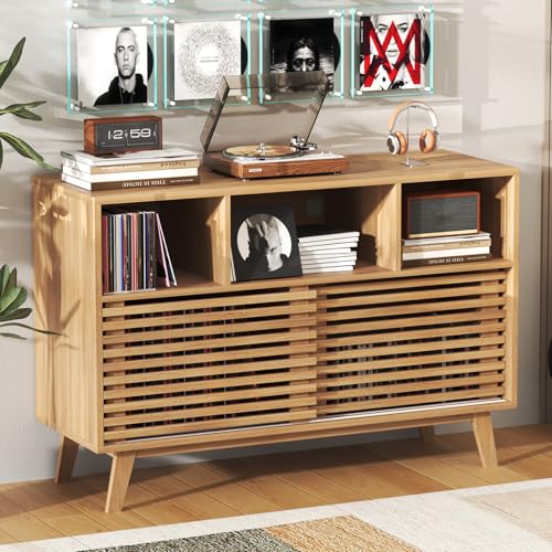 47" Large Record Player Stand with Sliding Doors, Mid Century Modern Vinyl Record Storage Display Cabinet Up to 350 LPs, Turntable Media Console for Living Room (Oak)