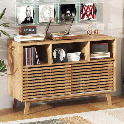 47" Large Record Player Stand with Sliding Doors, Mid Century Modern Vinyl Record Storage Display Cabinet Up to 350 LPs, Turntable Media Console for Living Room (Oak)