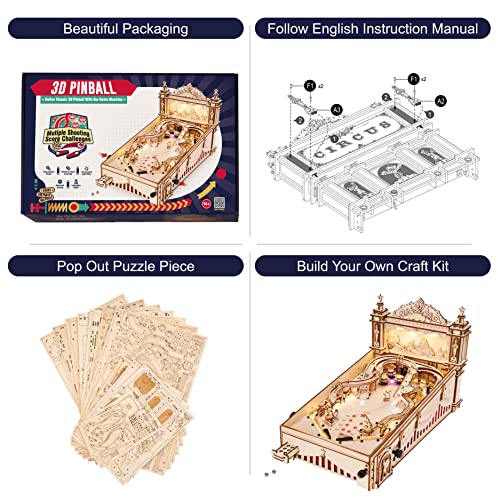 Rowood Wooden Puzzles 3D Pinball Machine Mechanical Model Wooden 3D Puzzles for Adults DIY Pinball Game Wooden Puzzle-Model Building Kits Christmas Birthday Gifts for Adult and 14+