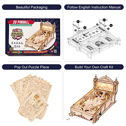 Rowood Wooden Puzzles 3D Pinball Machine Mechanical Model Wooden 3D Puzzles for Adults DIY Pinball Game Wooden Puzzle-Model Building Kits Christmas Birthday Gifts for Adult and 14+