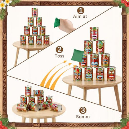 13 Pcs Luau Party Games Luau Tiki Can Toss Game Bean Bag Toss Include 10 Tin Can and 3 Bean Bag for Kids Summer Tiki Family Tropical Hawaii Aloha Indoors Outdoors Activities Party Supplies - style: Tiki Style