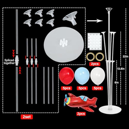 Airplane Birthday Party Balloons Stand Kit 2 Sets with 2 Plane Helicopter Foil Balloons Red Blue White Balloon Centerpiece for Tables for Adventure Time Flies Birthday Baby Shower Party Decoration - style: Airplane