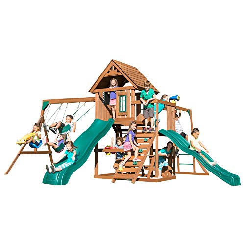 Swing-N-Slide WS 8354 Knightsbridge Super Wooden Swing Set with Two Slides, Play Set, Monkey Bars, Climbing Wall, Music Play & Climbing Wall, Wood, Green
