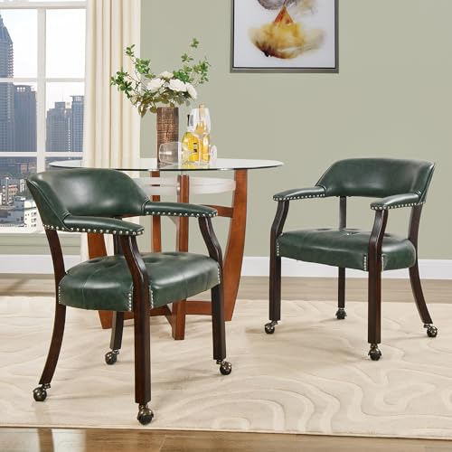 Set of 4 Dining Leather Chairs with Casters and Arms, Accent Kitchen Table Chairs with Wheels, Wood Captains Rolling Roller Poker Table Chair, Espresso&Green 1910GN(NO Table!) - color: Espresso&green