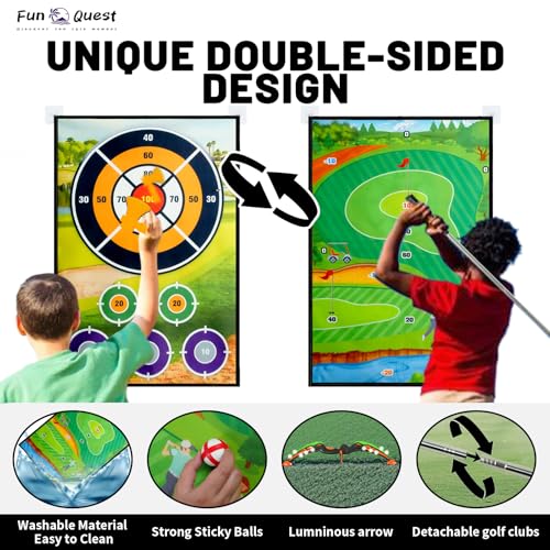 Battle & Velcro Golf Chipping Game Set with Double-Sided Mat – Backyard Golf Game for Indoor/Outdoor Play & Parent-Child Fun – Includes Bow & Arrow, Axe & Dart Targets