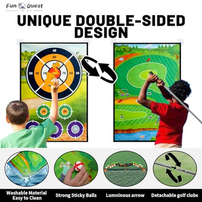 Battle & Velcro Golf Chipping Game Set with Double-Sided Mat – Backyard Golf Game for Indoor/Outdoor Play & Parent-Child Fun – Includes Bow & Arrow, Axe & Dart Targets