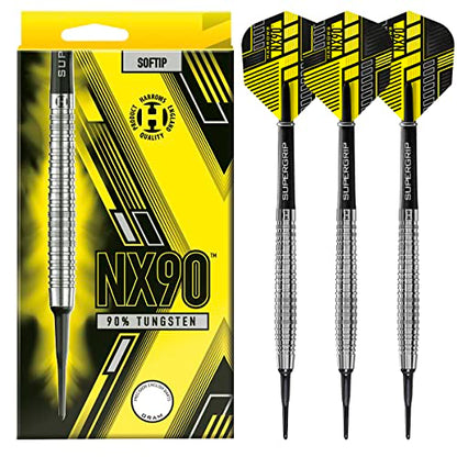 Harrows NX90 Soft Tip 90% Tungsten Darts Set 18g and 20g - Includes Black Supergrip Midi Shafts & Micron NX90 Flights - 18g