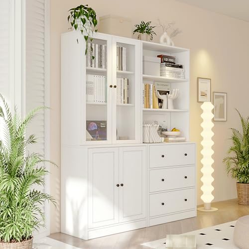 TUSY 71" H Bookshelf with Storage, 6-Tier Modern Bookshelves with 3 Large Drawer, Display Bookcase with Glass Doors, Modern 5-Tier Curio Cabinet for Home Office, Dining Room (White, AB) - color: White