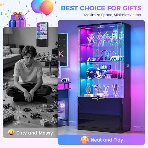 Dystler 71" Locking Glass Display Cabinet, 6-Tier Curio Case with RGB Light | Key Lock, Tempered Glass Shelves, RGB Motion-Sensor Lights, App Control, Curved Safety Edges, for Trophies & Figures - color: Black