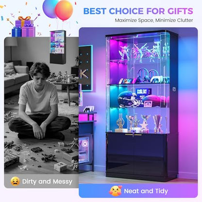 Dystler 71" Locking Glass Display Cabinet, 6-Tier Curio Case with RGB Light | Key Lock, Tempered Glass Shelves, RGB Motion-Sensor Lights, App Control, Curved Safety Edges, for Trophies & Figures - color: Black