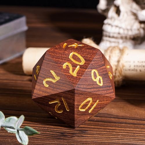 50mm Large D20 Dice, Red Sandalwood 20 Sided Dice DND Natural Wood D&D with Gift Case for Role Playing Games - color: D20 Red Sandalwood