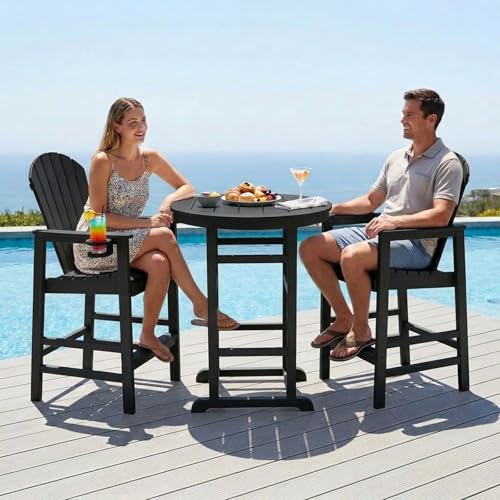 Patio Bar Tables Set of 3, HDPE Outdoor High Top Table and Chairs Set Height Table Chairs Adirondack Bar Set for Garden, Backyard, Yard, Pool, Balcony, Black - color: Ø31.1" Bar Set of 3, Black