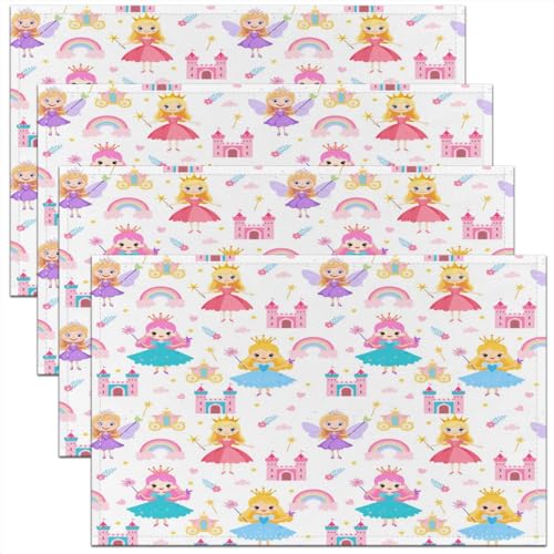 Erosebridal Placemats 12X18 Inch Set of 4,Romantic Fantasy Dreamy Fairy Wand Castle Place Mats,Rainbow Clouds Flower Floral Love Heart Waterproof Placemats - color: Off White Blue Pink Teal