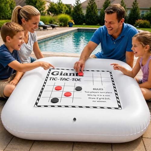3-in-1 Pool Games Set Inflatable Giant Tic Tac Toe Checkers Board Game with 24 Chips 3.48Ft Double-Sided Foldable Float Water Toys Outdoor Play for Summer Swimming Pool Family Reunion Party