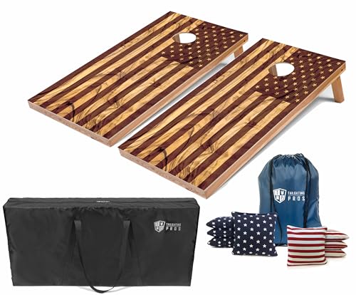 Tailgating Pros Cornhole Boards - 4'x2' Lightweight Regulation Flag & Patriotic Outdoor Themed Cornhole Game w/Carrying Case & Set of 8 Corn Hole Bean Bags w/Tote - color: Natural American Flag