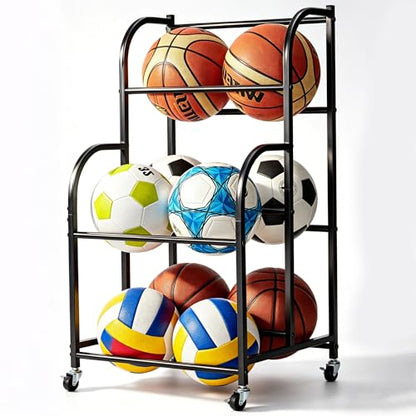 Basketball Rack with Wheels - Space-Saving Vertical Ball Storage for Basketball, Football, Soccer, Rolling Ball Rack for Garage & Outdoor, Heavy-Duty Ball Holder Organizer