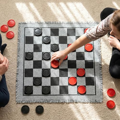 Yarlung Giant Checkers Set Tic Tac Toe Game with Reversible Rug, 3 in 1 Jumbo Checkers Game Board for Family Camping, Yard, Lawn Games, 2 Players