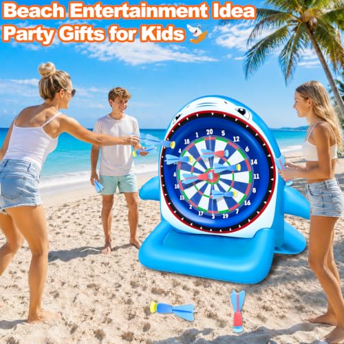 45" Large Inflatable Pool Toys Shark Dart Board with 8 Sticky Darts | Swimming Pool Floats Water Games for Adults Summer Beach Yard Outdoor Games Play Cool Party Gift