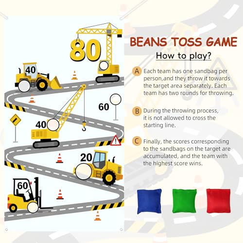 Construction Birthday Party Supplies Bean Bag Toss Game for Adults, Washable Heavy Duty Outdoor Indoor Excavator Throwing Theme Party Game Banner with 3 Bean Bags and 19.6ft String.