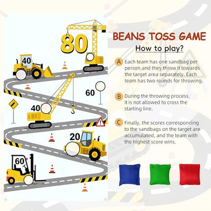 Construction Birthday Party Supplies Bean Bag Toss Game for Adults, Washable Heavy Duty Outdoor Indoor Excavator Throwing Theme Party Game Banner with 3 Bean Bags and 19.6ft String.