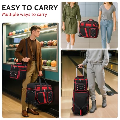BOSSTIN 3 Ball Bowling Bag with Wheels, 2 Ball Bowling Bags Double roller with 1 Ball Add On Bag, Multi-Pockets & Shoe Compartment (Fits Up to Size 15) - color: Red