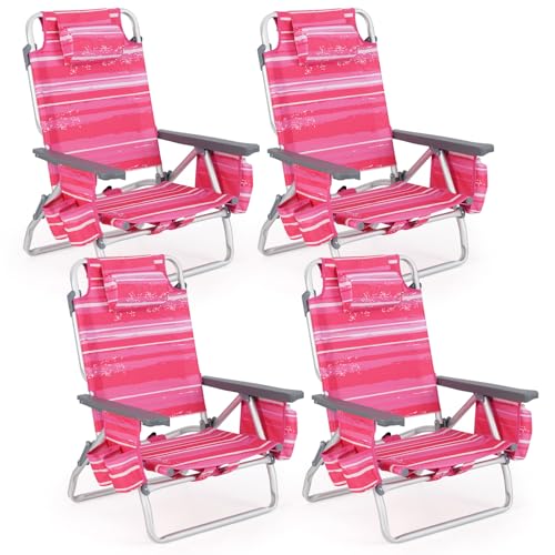 Tangkula Set of 4 Backpack Beach Chair, 5-Position Lay Flat Beach Chairs with Cooler Bag, 2 Cup Holders, Towel Bar, Lightweight Low Folding Beach Chair with Backpack Straps - color: Pink Stripe, style: 4 Pack