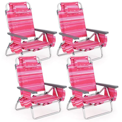 Tangkula Set of 4 Backpack Beach Chair, 5-Position Lay Flat Beach Chairs with Cooler Bag, 2 Cup Holders, Towel Bar, Lightweight Low Folding Beach Chair with Backpack Straps - color: Pink Stripe, style: 4 Pack