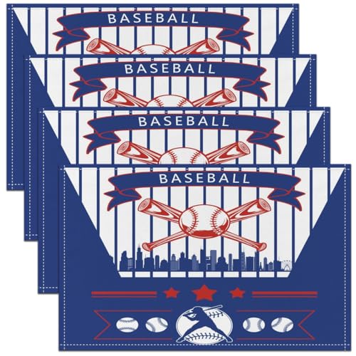 Erosebridal Baseball Place Mats,Sports City Silhouette Table Mats Baseball Player Placemats,Sports Games Place Mat for Dining Patio Table Kitchen Decor - color: Blue Red, Chicago