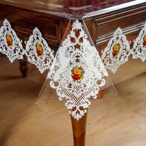 ARTABLE Clear Table Cloth Protector Vinyl PVC Rectangle with Floral Print Pattern Oil Proof Wipe-able Plastic Tablecloths for Dining Tables Parties Holidays (Lace-1, 70" x 52" (Rectangular)) - color: Lace-1, size: 70" x 52" (Rectangular)