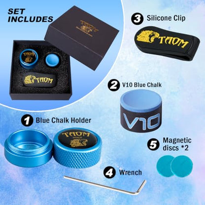 TAOM Upgrade Pool Chalk Holder Round Shaped Practical Tool Billiards Accessories Magnetic Mini Chalk Tip Case Container Round Box Billiards,Cue Tip Tool Scuffer Shaper - color: 1-Gift Set-Blue with V10 Blue