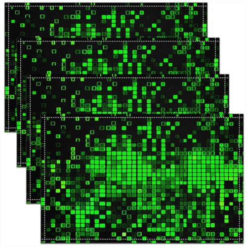 Erosebridal Green Black Pixelated Placemats - Checkered Geometric Abstract Art Place Mat Set of 4, Gaming Gamer Table Mats 12x18 Inch for Kids Boys Girls, Plaid Neon Table Decor for Party Kitchen - color: Green and Black
