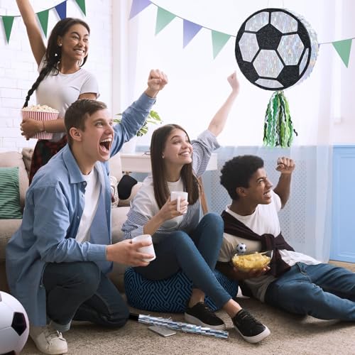 WERNNSAI Soccer Ball Piñata-Soccer Party decoration Piñata with Blindfold Bat for Kids Sports Themed Birthday Party Supplies Mirror Roller Skating Pull String - style: Soccer
