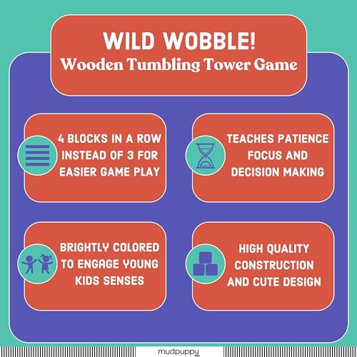 Mudpuppy Wild Wobble! – Colorful Wooden Tumbling Tower Game, 4 Across, Great for Small Hands, Ages 3+
