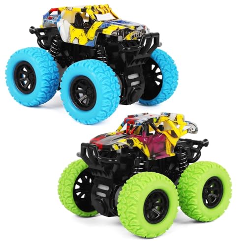 M SANMERSEN Monster Truck Toys for Kids, Friction Cars for Toddlers Push and Go 360° Rotating Stunt Car for 3+ Year Old Boys Girls Gifts (2 Pack - Blue and Green) - color: Blue