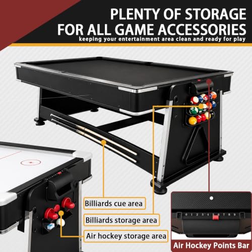 4-in-1 Multi Game Table – Pool Table,Air Hockey Table,Ping Pong Table & Dining Table Combo with Flip-Top Design,Includes Full Accessories.7ft Billiard Tables for Living Room,Bar,and Game Room. - color: Black