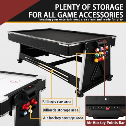 4-in-1 Multi Game Table – Pool Table,Air Hockey Table,Ping Pong Table & Dining Table Combo with Flip-Top Design,Includes Full Accessories.7ft Billiard Tables for Living Room,Bar,and Game Room. - color: Black